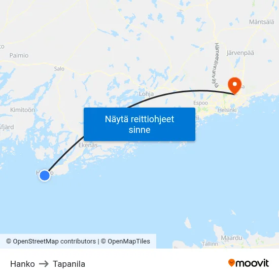 Hanko to Tapanila map