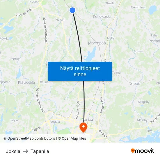Jokela to Tapanila map