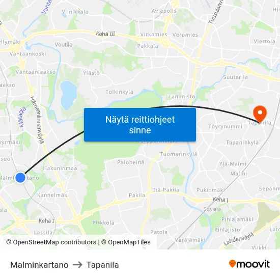 Malminkartano to Tapanila map