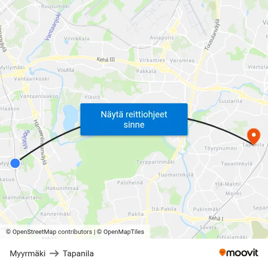 Myyrmäki to Tapanila map