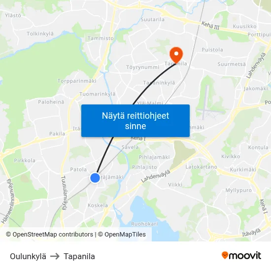 Oulunkylä to Tapanila map