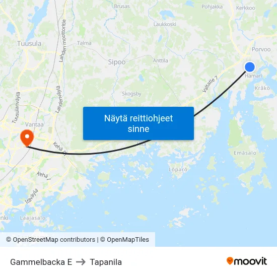 Gammelbacka E to Tapanila map