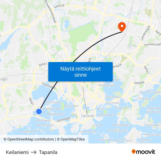 Keilaniemi to Tapanila map