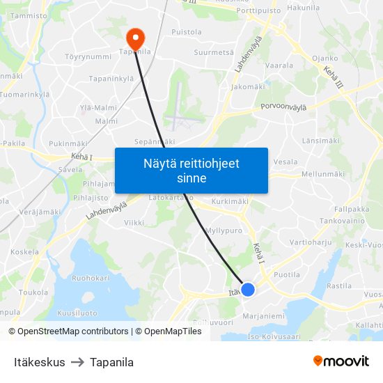 Itäkeskus to Tapanila map