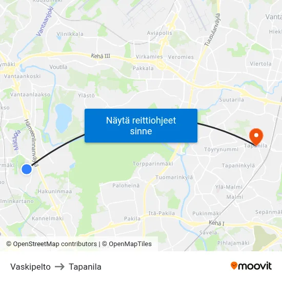 Vaskipelto to Tapanila map