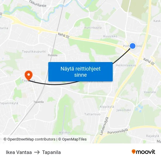 Ikea Vantaa to Tapanila map