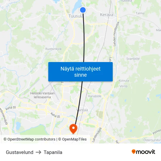 Gustavelund to Tapanila map