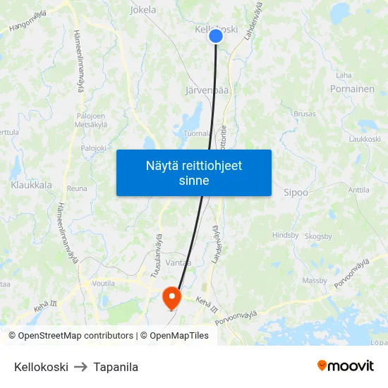 Kellokoski to Tapanila map