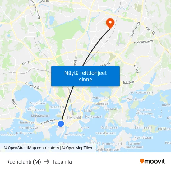 Ruoholahti (M) to Tapanila map