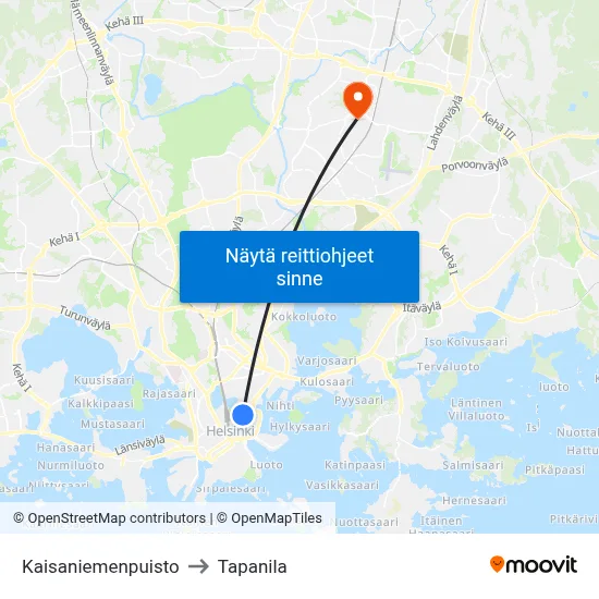 Kaisaniemenpuisto to Tapanila map