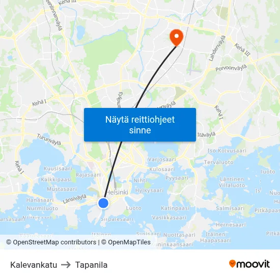 Kalevankatu to Tapanila map