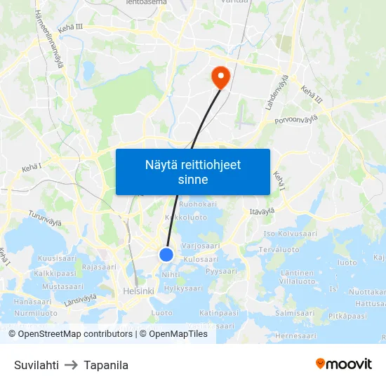 Suvilahti to Tapanila map
