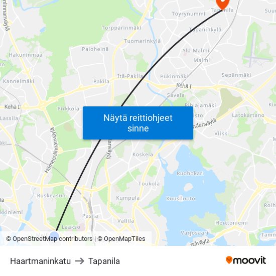 Haartmaninkatu to Tapanila map