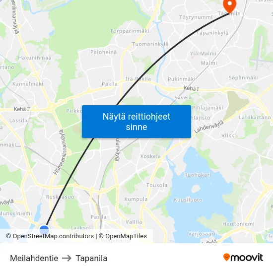 Meilahdentie to Tapanila map