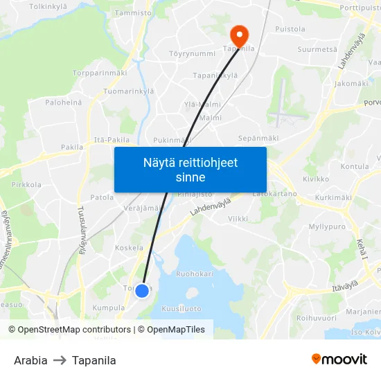 Arabia to Tapanila map
