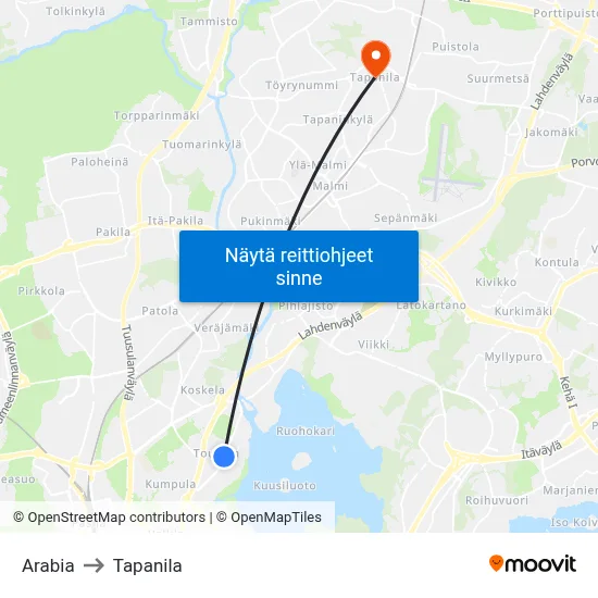 Arabia to Tapanila map