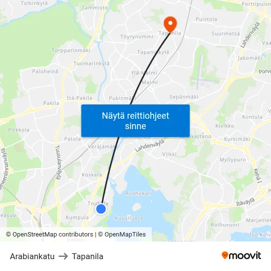 Arabiankatu to Tapanila map