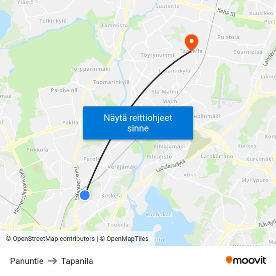 Panuntie to Tapanila map
