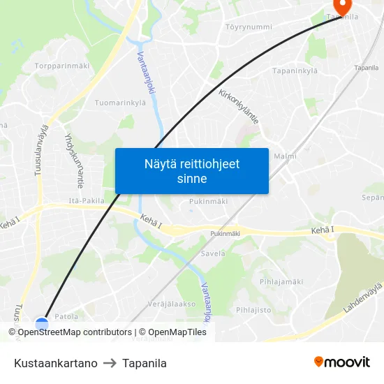 Kustaankartano to Tapanila map
