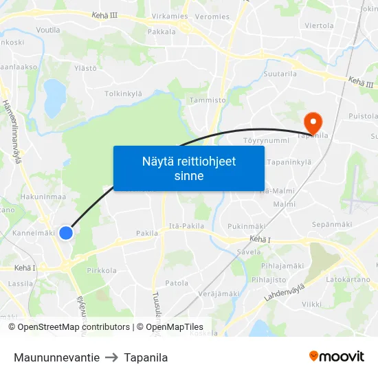 Maununnevantie to Tapanila map
