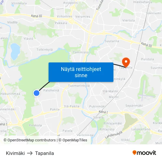 Kivimäki to Tapanila map