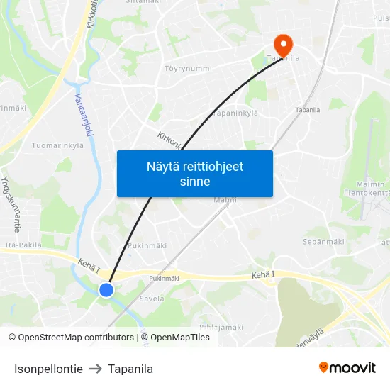Isonpellontie to Tapanila map