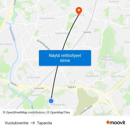 Vuolukiventie to Tapanila map