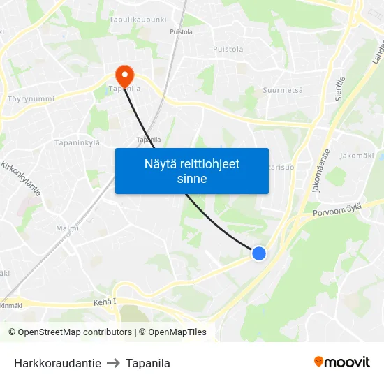 Harkkoraudantie to Tapanila map