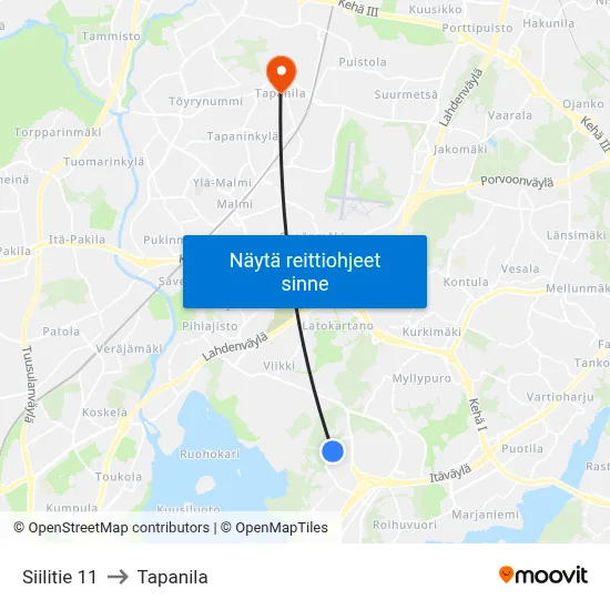 Siilitie 11 to Tapanila map