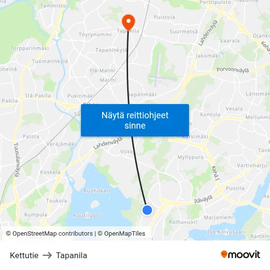 Kettutie to Tapanila map