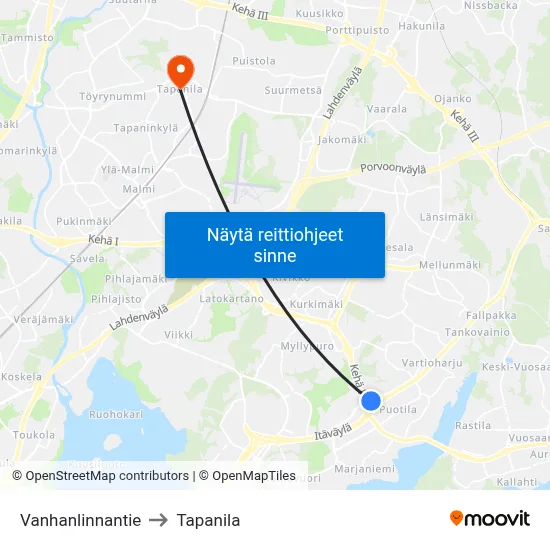 Vanhanlinnantie to Tapanila map