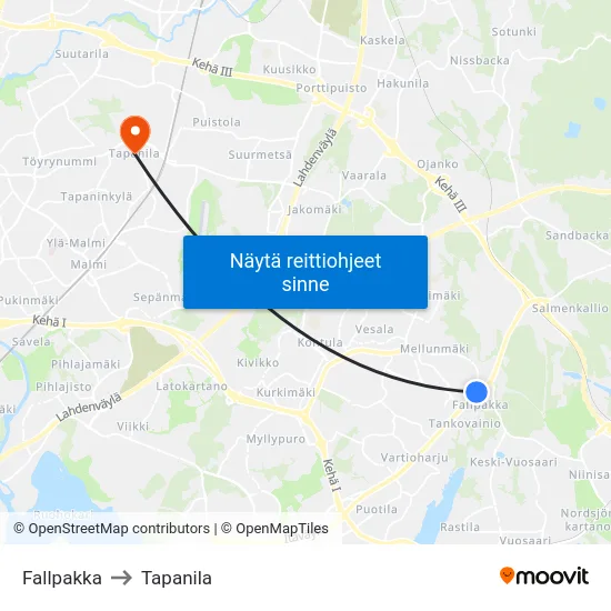 Fallpakka to Tapanila map