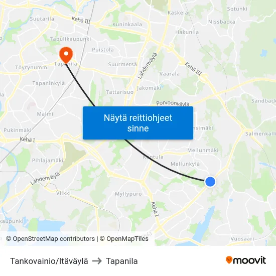 Tankovainio/Itäväylä to Tapanila map