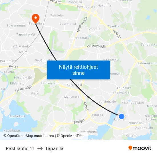 Rastilantie 11 to Tapanila map