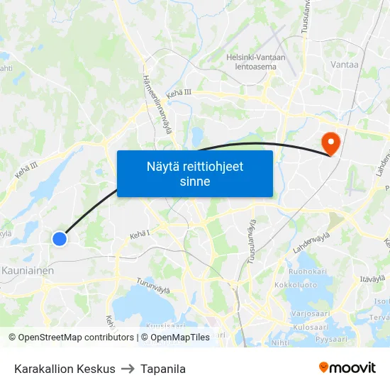 Karakallion Keskus to Tapanila map
