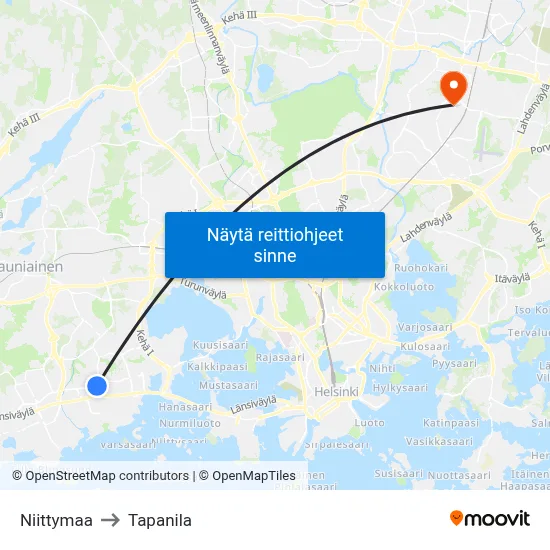 Niittymaa to Tapanila map