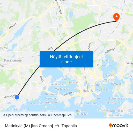 Matinkylä (M) [Iso-Omena] to Tapanila map