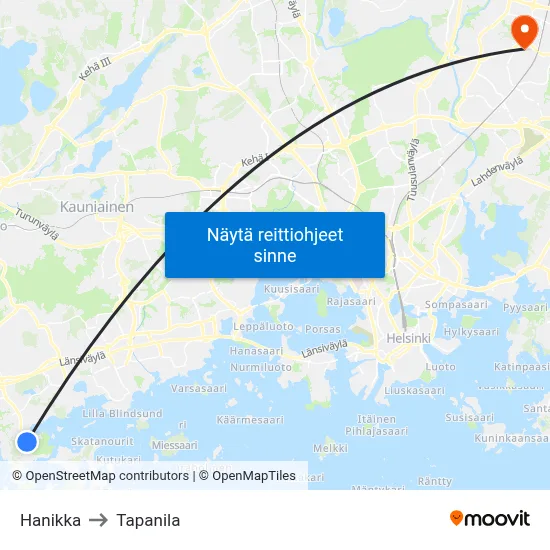 Hanikka to Tapanila map
