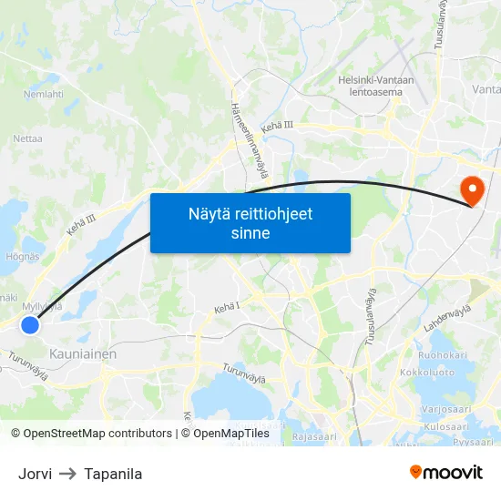 Jorvi to Tapanila map
