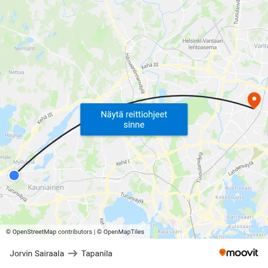 Jorvin Sairaala to Tapanila map