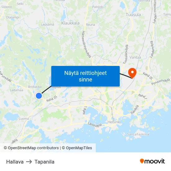 Hallava to Tapanila map