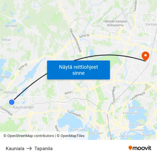 Kauniala to Tapanila map