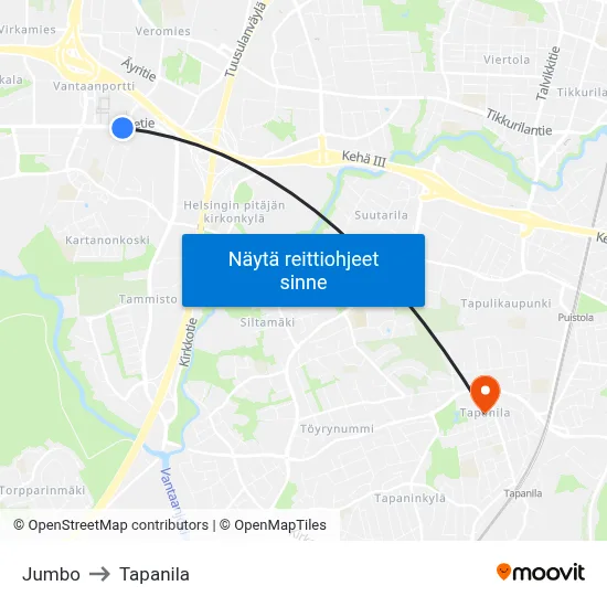 Jumbo to Tapanila map