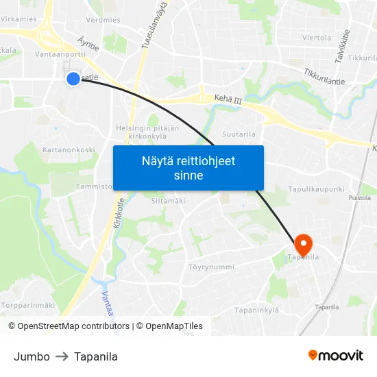 Jumbo to Tapanila map