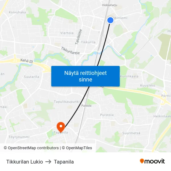 Tikkurilan Lukio to Tapanila map