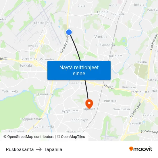 Ruskeasanta to Tapanila map