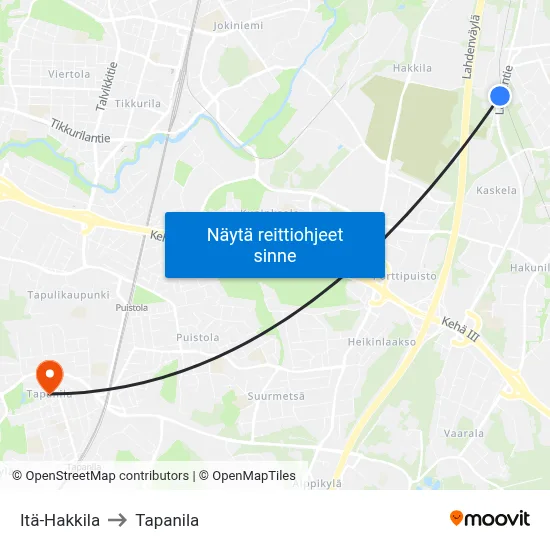 Itä-Hakkila to Tapanila map