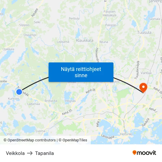 Veikkola to Tapanila map