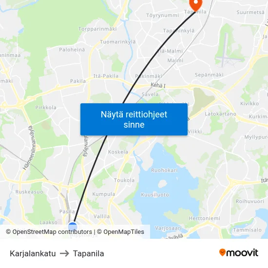 Karjalankatu to Tapanila map