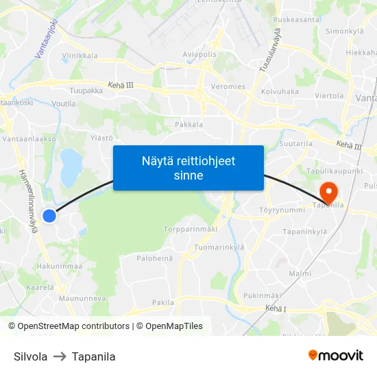 Silvola to Tapanila map